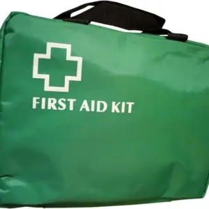 Green First Aid Bag With Handles 3 clear fold out compartments.