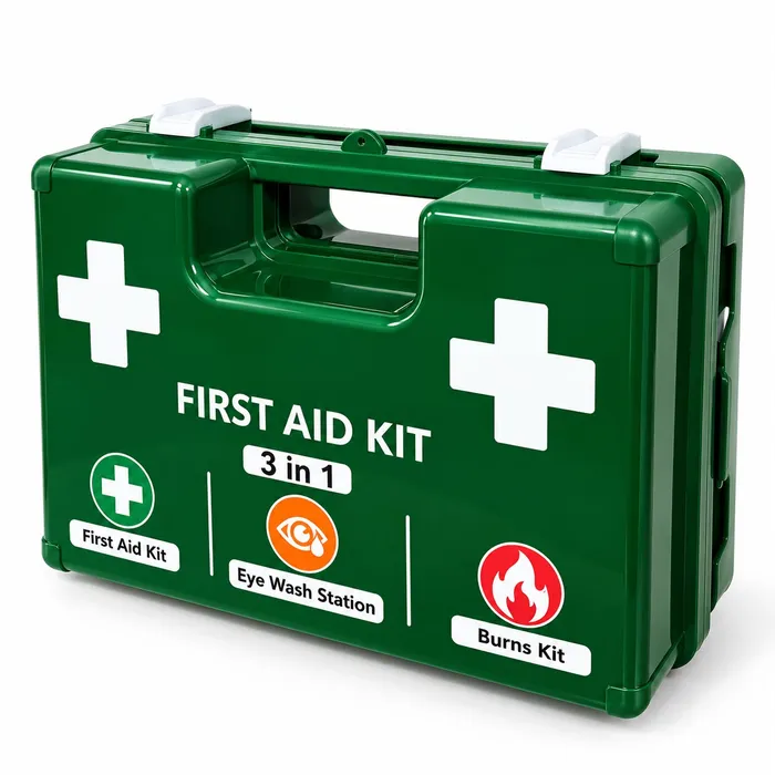 Triple Response Large Premium, 3 in 1 Workplace Station. First Aid Kit, Burns Kit and Eye Wash Station.